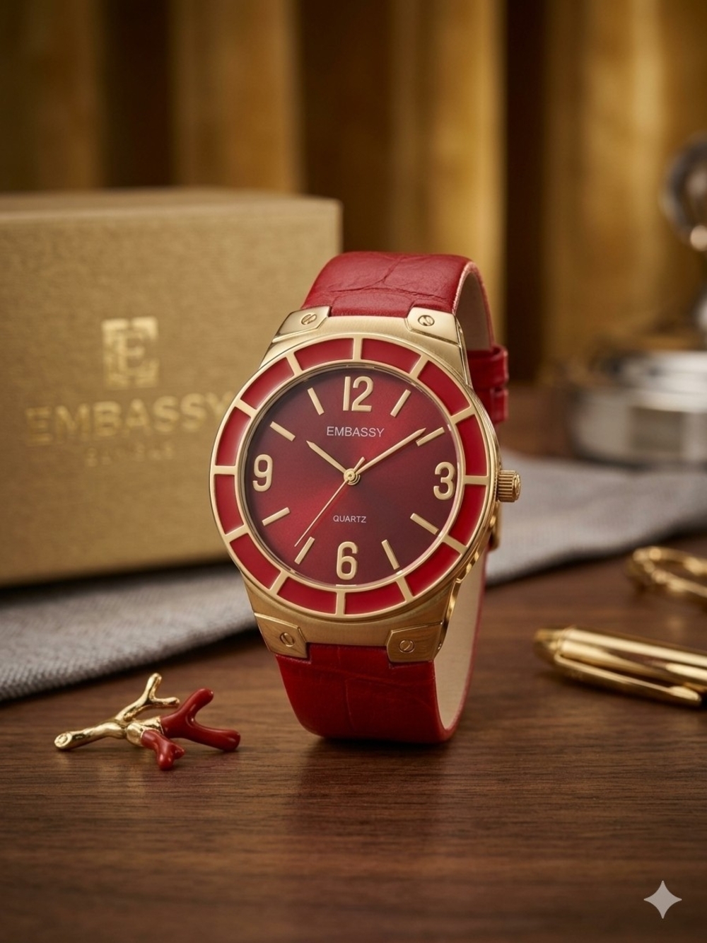 Embassy Womens Red Dial Gold-Tone Dress Watch Working Cond..